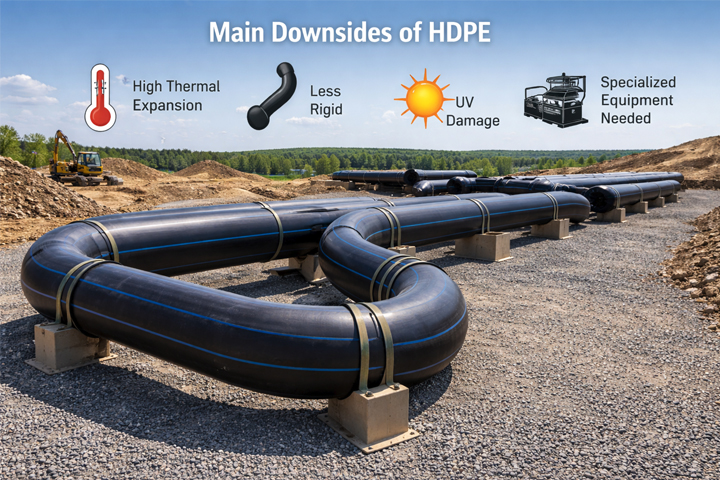 HDPE Pipe Expansion Loop A long run of HDPE pipe showing expansion loops designed to manage thermal movement