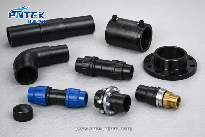 An assortment of HDPE jointing types including fusion fittings and mechanical couplers