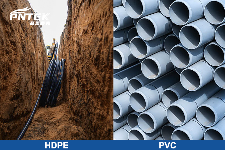 HDPE Pipe vs. PVC Pipe A coil of black HDPE pipe next to straight, white PVC pipe