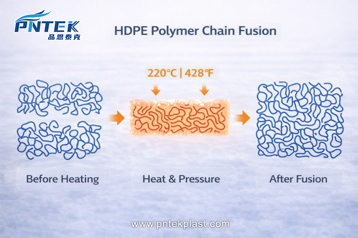 A diagram showing the polymer chains of HDPE fusing together under heat and pressure