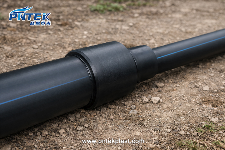 Black HDPE reducer coupling showing the two different socket sizes