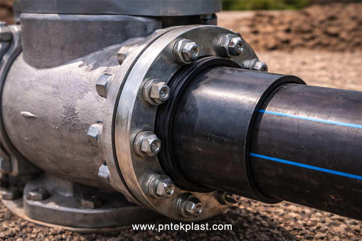 HDPE Stub End Connected to a Metal Valve A real-world example of an HDPE pipe with a stub end bolted to a large metal valve