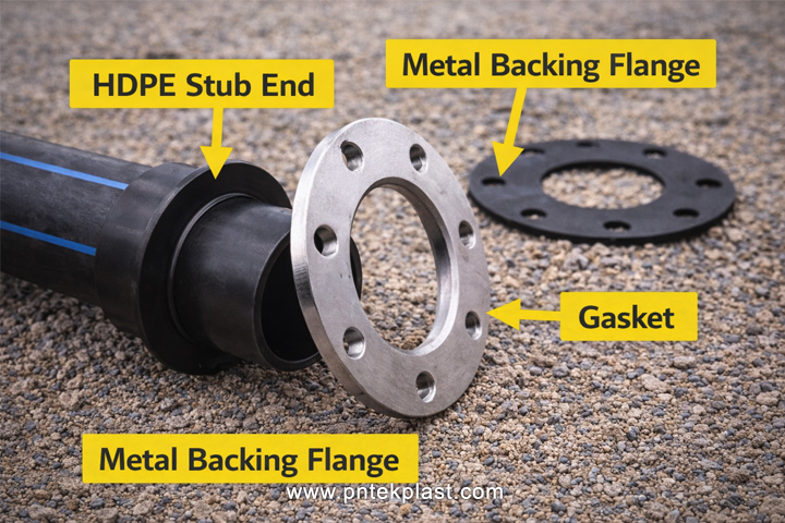 HDPE Stub End and Backing Flange Assembly An assembly showing an HDPE stub end, a metal backing flange, and a gasket