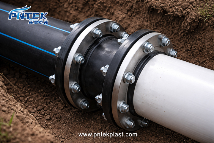 A flange connection securely joining a black HDPE pipe to a white PVC pipe