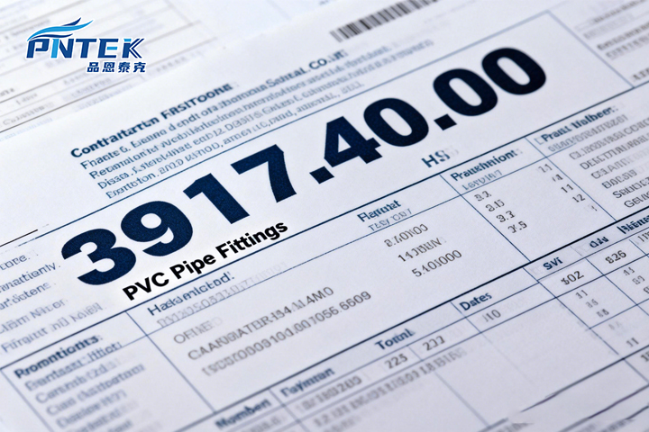 A close-up of a commercial invoice showing the HS Code 3917.40.00