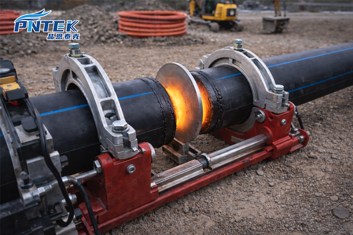Heat Fusion Joining Process for HDPE A butt fusion machine joining two large black HDPE pipes on a construction site