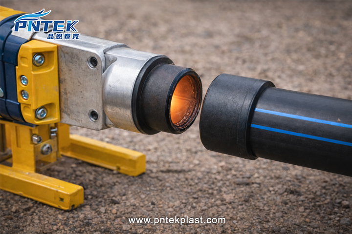A close-up of a heat fusion tool heating an HDPE pipe and fitting
