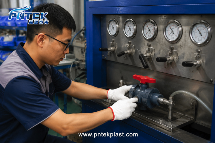 A quality inspector using a pressure testing machine on a PVC ball valve