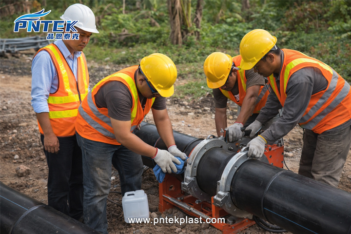 A technician operating a butt fusion machine in the field