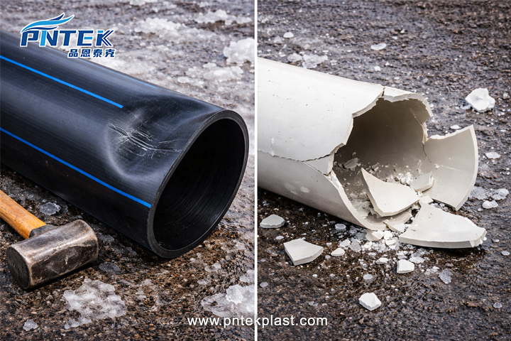 An image showing a dented but intact HDPE pipe next to a shattered PVC pipe fragment