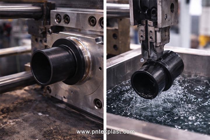 Injection Molding of an HDPE Stub End The injection molding process showing a mold for an HDPE stub end