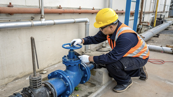 A technician inspecting a PVC check valve in a pipeline