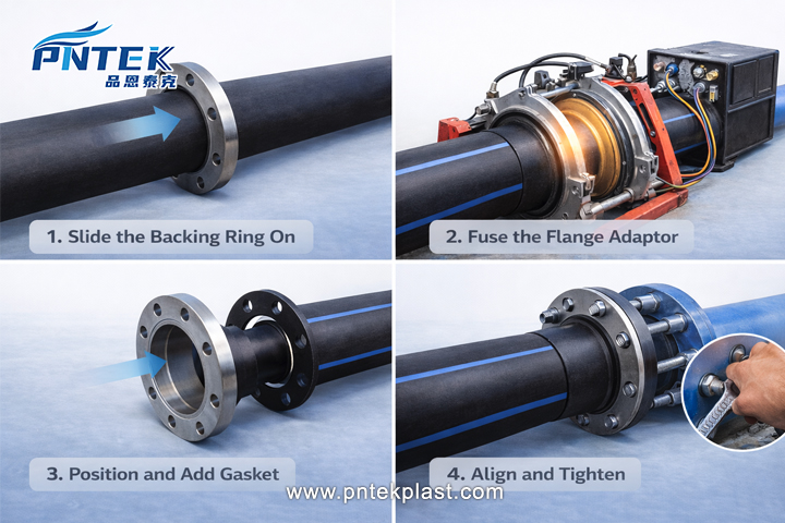 Installing an HDPE Flange Adaptor A step-by-step infographic showing the installation process of an HDPE flange adaptor