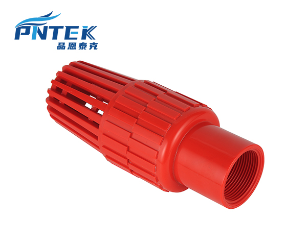Internal workings of a PVC foot valve A clear Pntek PVC foot valve showing the internal spring-loaded flap and the outer strainer screen