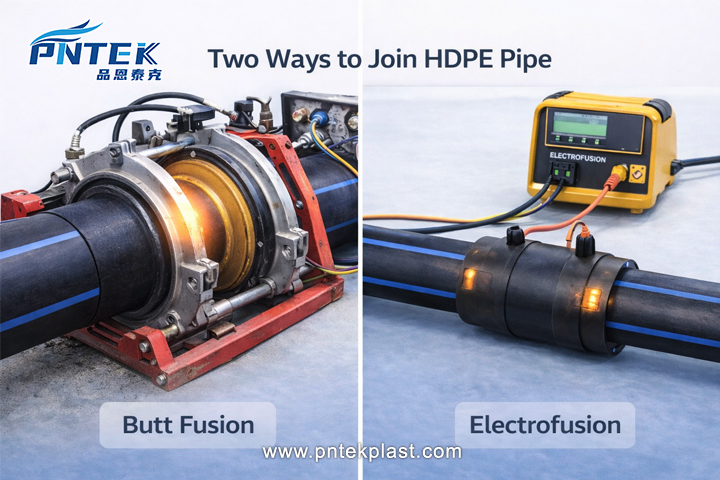 Two HDPE pipes being prepared for butt fusion joining