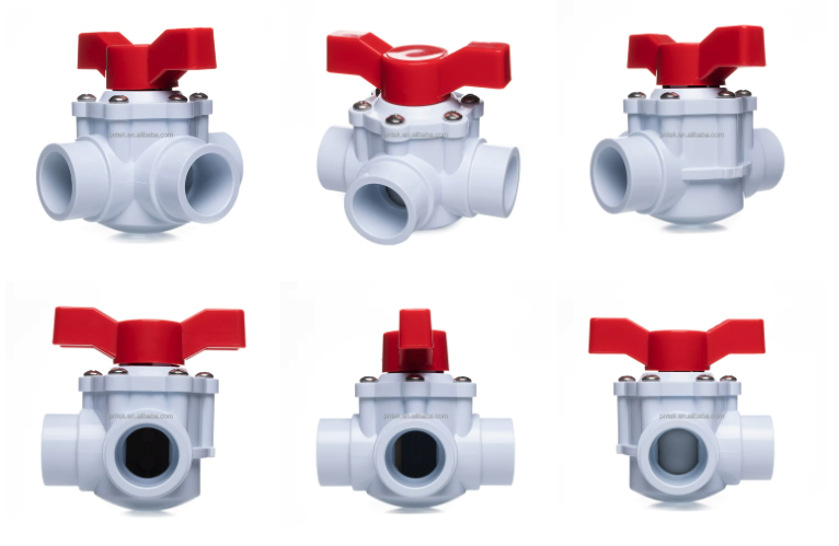 Diagrams showing the flow paths for L-Type and T-Type 3-way ball valves