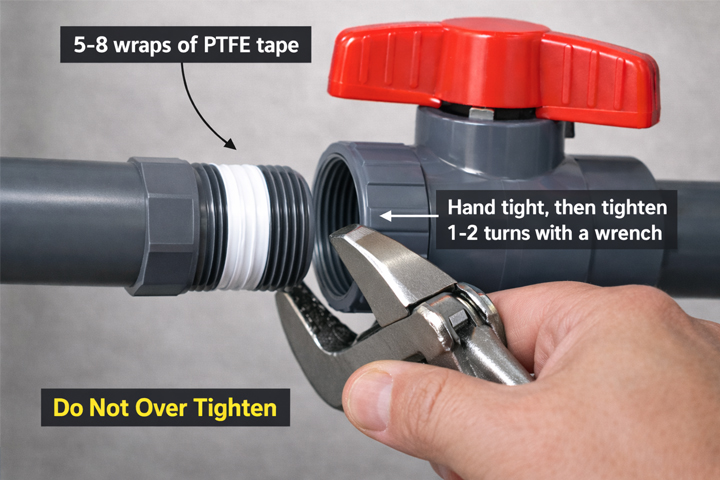 Një pamje nga afër e një lidhjeje me fileto PVC që rrjedh