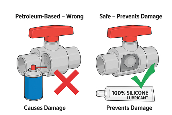 A can of silicone lubricant next to a PVC ball valve, with a No symbol over WD-40