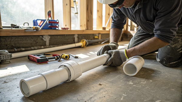 The necessary materials to join PVC pipe: 2-inch pipes, a 2-inch coupling, purple primer, and PVC cement