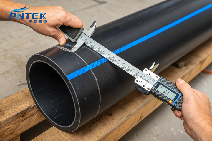 Measuring the Outside Diameter of HDPE Pipe A caliper measuring the outside diameter of a black HDPE pipe