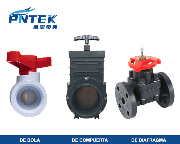 Diagramas de corte transversal de una válvula de bola, una de compuerta y una de diafragma