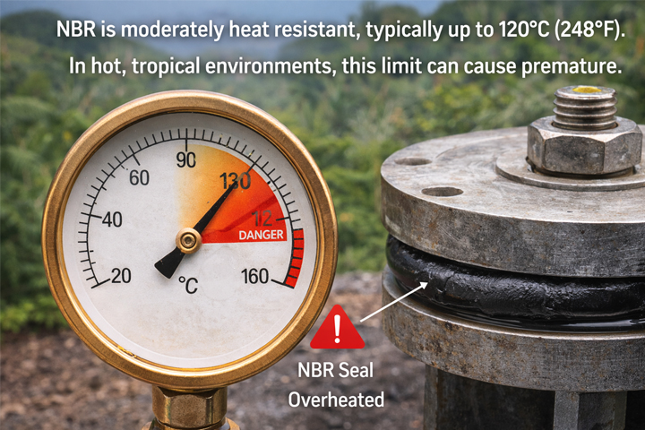 NBR Heat Resistance Limits A temperature gauge showing a needle in the high zone next to an NBR seal