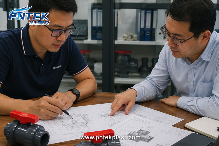 OEM Cooperation Process engineers discussing a product blueprint for OEM production