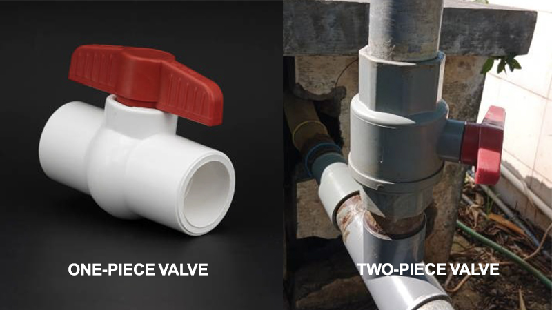 A side-by-side comparison of a solid one-piece ball valve and a two-piece ball valve with its body seam