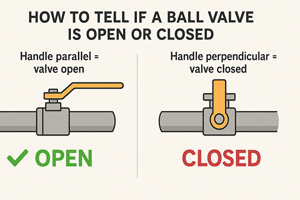 A clear photo showing a ball valve handle parallel to the pipe (open) and another perpendicular (closed)