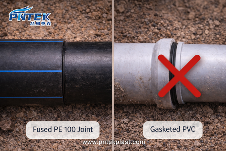 A graphic comparing a fused PE 100 joint with a bell-and-spigot PVC joint