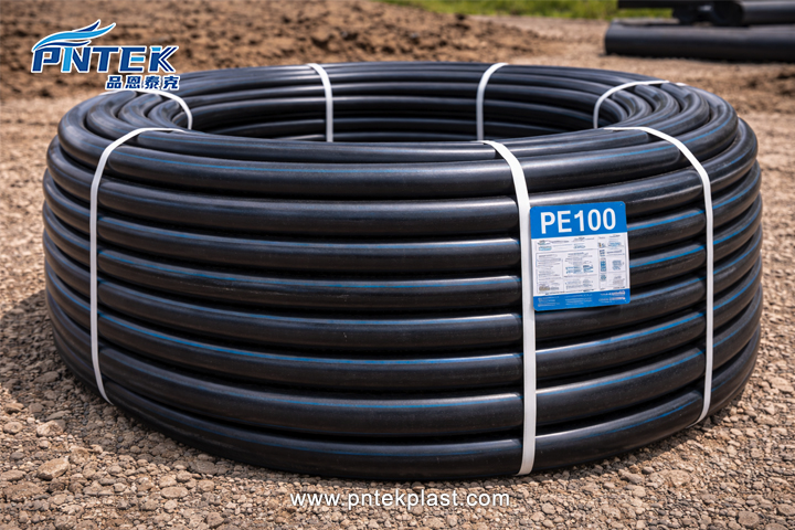 A coil of black HDPE PE 100 pipe ready for installation