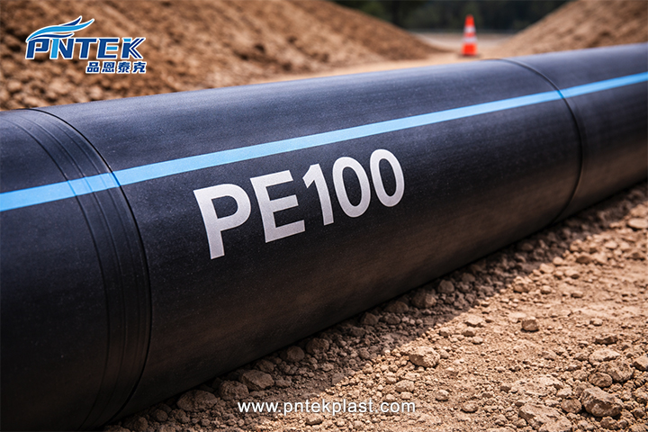 A close-up on an HDPE pipe with the "PE100" classification printed on it