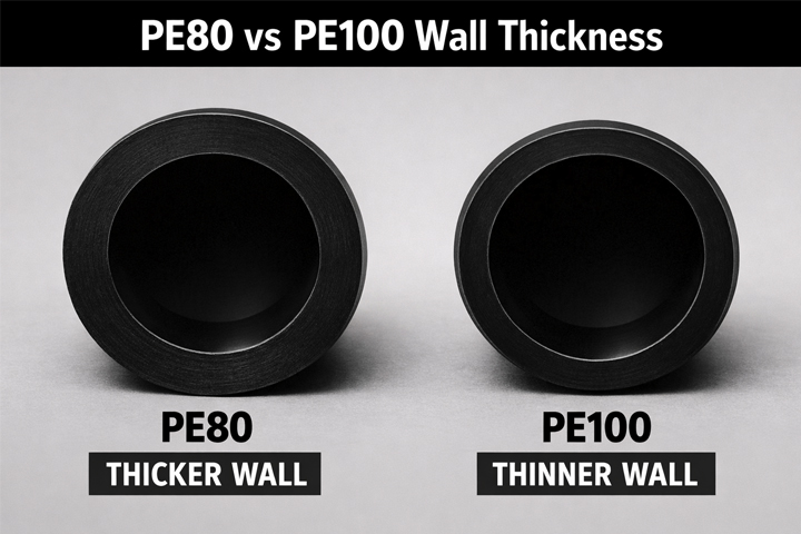 A side-by-side comparison of PE80 and PE100 pipe cross-sections for the same pressure rating