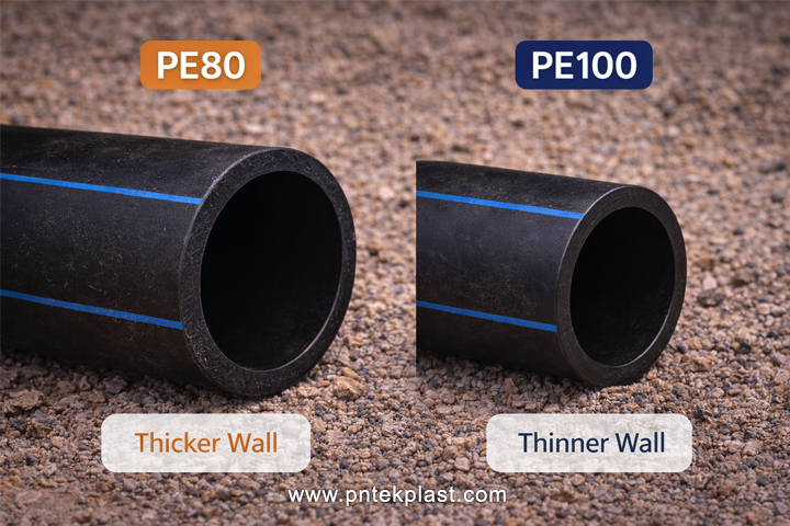 A graphic comparing the wall thickness of a PE80 pipe vs a PE100 pipe for the same pressure rating