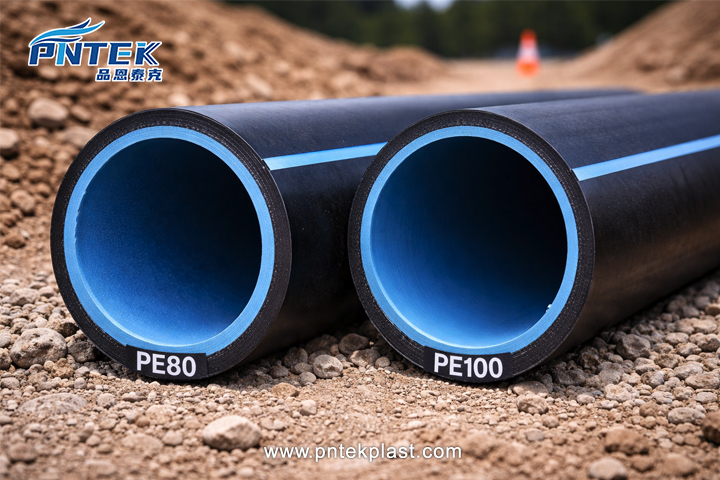 An animated graphic showing a PE100 pipe with a thinner wall than a PE80 pipe at the same pressure rating