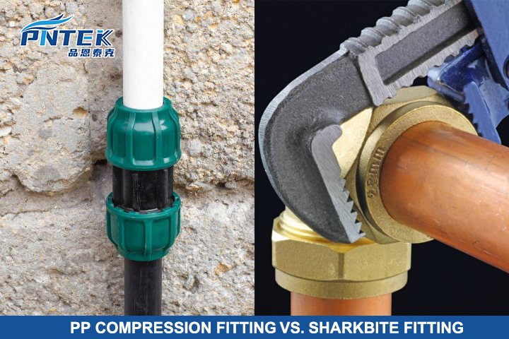 PP Compression Fitting vs. SharkBite Fitting A PP compression fitting next to a brass SharkBite fitting, showing their different designs