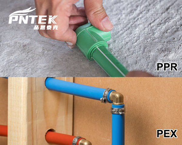 A comparison showing the clean, full-bore fused joint of a PPR fitting versus a metal crimp fitting on a PEX pipe which inserts into the pipe