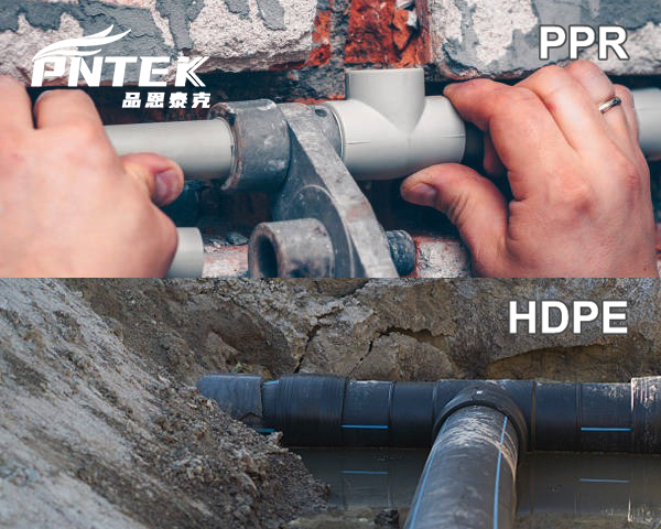 An image showing PPR pipes installed neatly inside a building, contrasted with large black HDPE pipes being laid in a trench outdoors