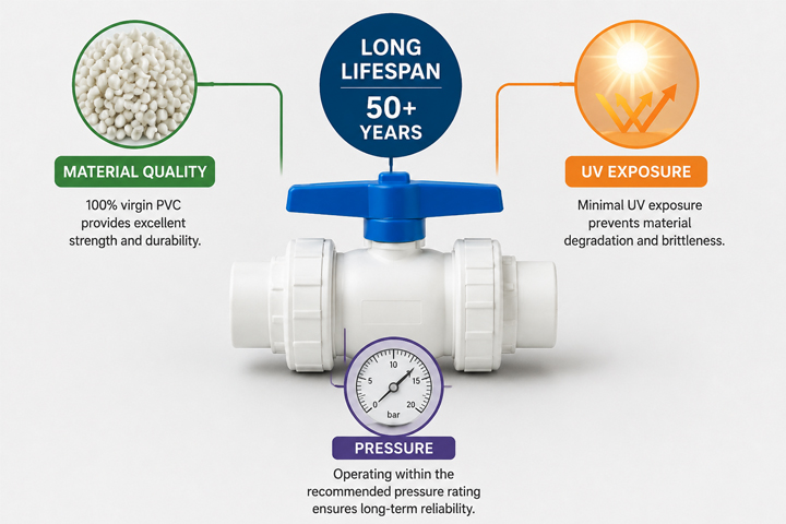PVC Ball Valve Lifespan Factors A diagram showing factors that affect a PVC valve's lifespan: Material Quality, UV Exposure, and Pressure
