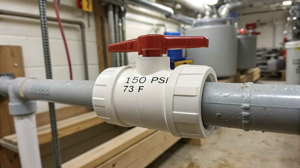 A pressure gauge reading 150 PSI next to a PVC ball valve