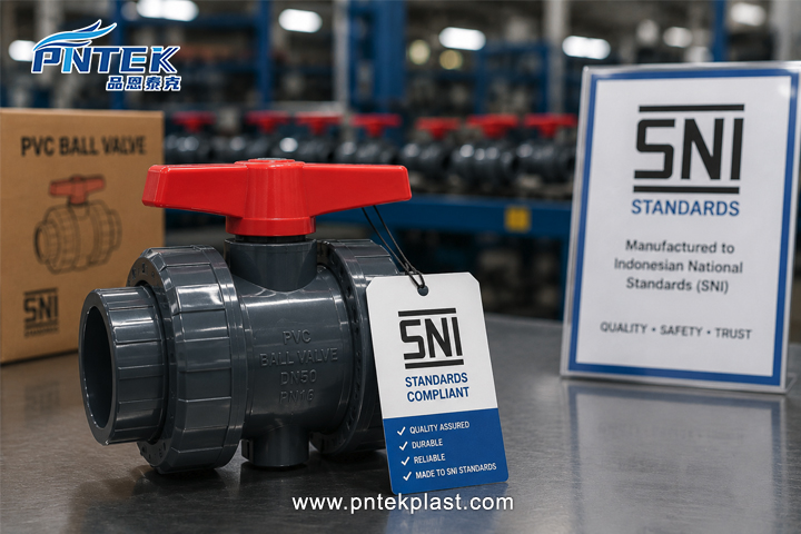 A PVC ball valve with an SNI standards compliance tag next to it