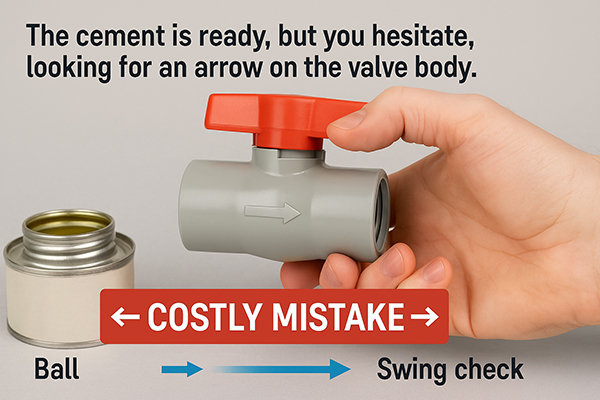 A PVC ball valve with arrows pointing in both directions to show it is bi-directional