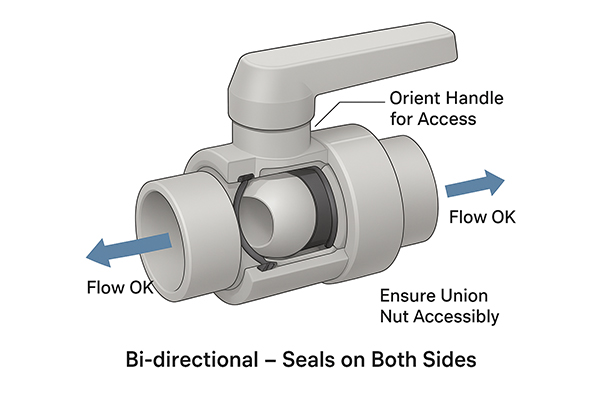 A diagram of a PVC ball valve with arrows pointing in both directions to show it is bi-directional