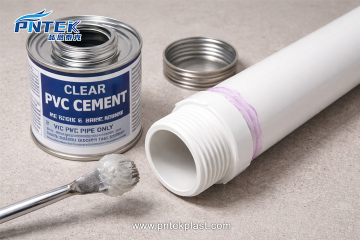 PVC Male Adapter and Solvent Cement A PVC male adapter fitting with threads on one end and a smooth socket on the other, next to a can of PVC cement