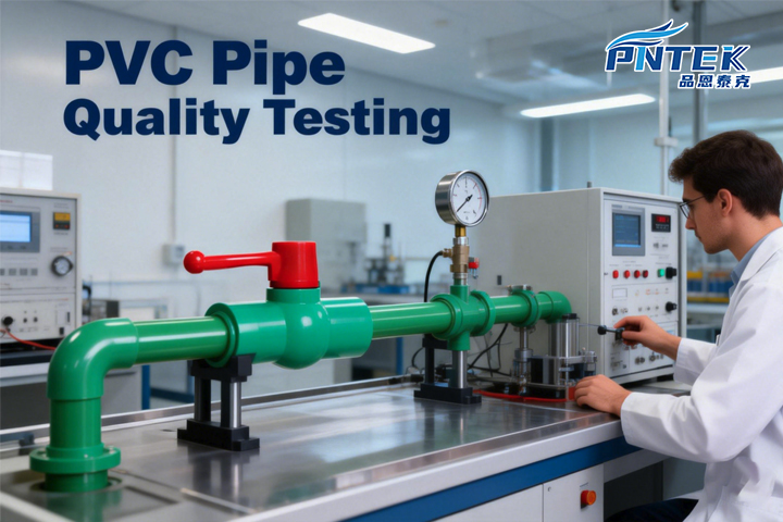 A lab technician performing a burst pressure test on a PVC valve