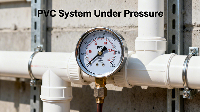 PVC System Under Pressure A pressure gauge on a PVC pipe system showing a high-pressure reading