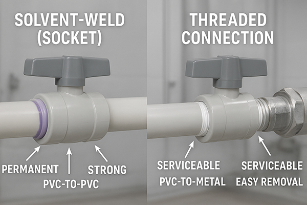 A side-by-side comparison of a socket (solvent weld) and a threaded PVC connection