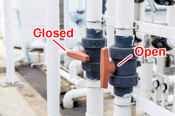 A side-by-side image showing one valve open (handle parallel) and one closed (handle perpendicular)