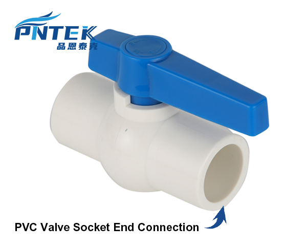 A close-up photograph of the socket end of a Pntek PVC ball valve