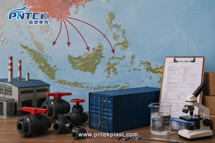 A map of Indonesia with arrows pointing from China, alongside icons of a factory, a shipping container, and a document